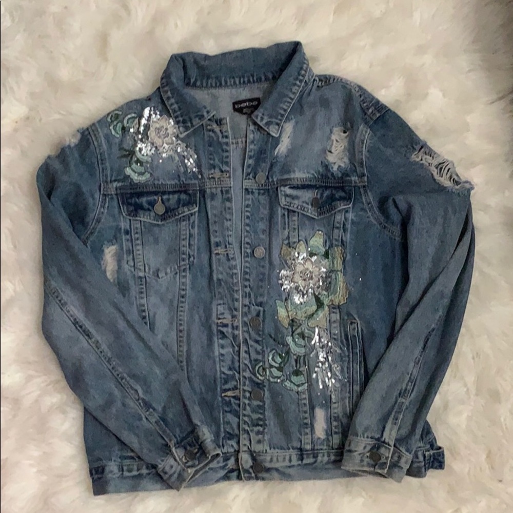 BEBE denim distressed jacket sequins floral design